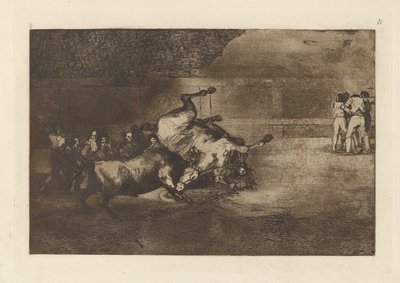 Häst kastad av en tjur, tavla B från La tauromaquia (tredje upplagan) av Francisco de Goya