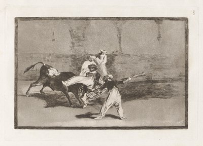 Cogida de un moro estando en la plaza (En mor som fångas av tjuren i ringen), tavla 8 från La tauromaquia av Francisco de Goya