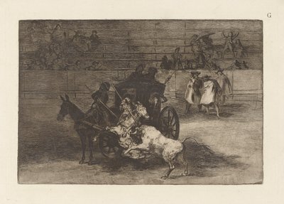 Slåss i en vagn kopplad till två mulor, tallrik G från La tauromaquia (tredje upplagan) av Francisco de Goya