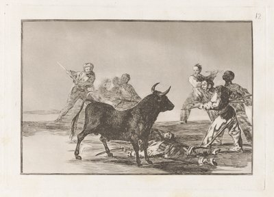 The Rabble Hamstring tjuren med lansar, skärar, banderillas och andra armar, tallrik 12 från La tauromaquia av Francisco de Goya