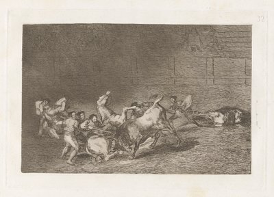 Två lag av Picadors kastade efter varandra av en enda tjur, tallrik 32 från La tauromaquia av Francisco de Goya