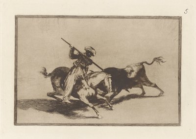 Den pigga Moro Gazul är den första att lansera? tjurar i ordning (The Spirited Moor Gazul är den första att spjuta tjurar enligt reglerna), Plåt 5 från La tauromaquia av Francisco de Goya