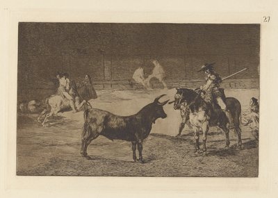 Den berömda Fernando del Toro, barilarguero, tvingar ? la Fiera con su garrocha (Den berömda Picadoren, Fernando del Toro, drar det häftiga odjuret på med sin piké), Tallrik 27 från La tauromaquia av Francisco de Goya