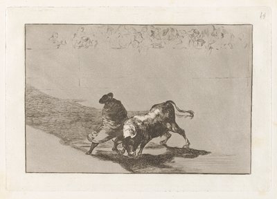 Diestr?sm-studenten av False, präglad retar tjuren med sina raster (The Very Skilful Student of False, Wrapped in his Cape, Trick the Bull with the Play of his Body), Plate 14 från The Tauromachia av Francisco de Goya
