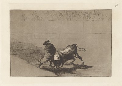 Diestr?sm-studenten av False, präglad retar tjuren med sina raster (The Very Skilful Student of False, Wrapped in his Cape, Trick the Bull with the Play of his Body), Plate 14 från The Tauromachia av Francisco de Goya