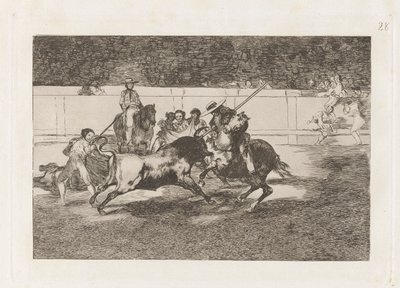 Den ansträngande Rendon som biter en tjur, av vems öde dog han? en la plaza de Madrid (Den kraftfulle Rendon hugger en tjur med pikén, från vilket pass han dog i Madrids ring), skylt 28 från La tauromaquia av Francisco de Goya