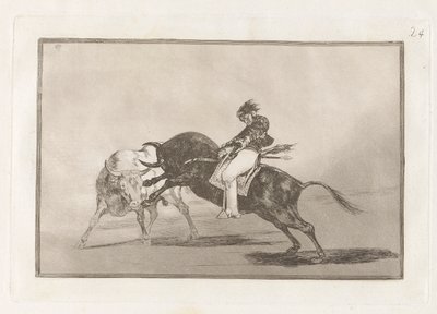 Samma Ceballos monterad på en annan tjur bryter korta spjut i ringen i Madrid, skylt 24 från La tauromaquia av Francisco de Goya