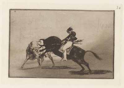 Samma Ceballos monterad på en annan tjur bryter Rejones på Plaza de Madrid (Samma Ceballos monterad på en annan tjur bryter korta spjut i ringen i Madrid), skylt 24 från La tauromaquia av Francisco de Goya