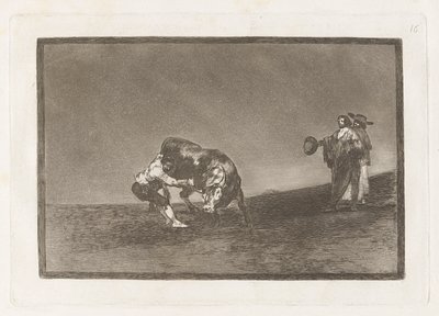 Han själv dumpar en tjur på torget i Madrid (Samme man kastar en tjur i ringen i Madrid), skylt 16 från La tauromaquia av Francisco de Goya