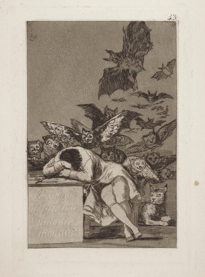 Drömmen om anledningen producerar monster. (Förnuftets sömn skapar monster.), pl. 43 från serien The whims av Francisco de Goya