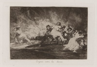 De flyr genom lågorna, tavla 41 från The Disasters of War av Francisco de Goya