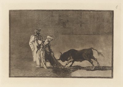 Morerna gör ännu en capeo på torget med sin albornoz (The Mors Make a Different Play in the Ring Calling the Bull with their Burnous), Plåt 6 från La tauromaquia av Francisco de Goya