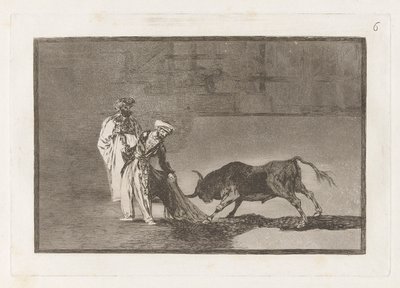 Morerna gör en annan capeo på torget med sin albornoz (morerna gör en annan lek i ringen och kallar tjuren med sin brinnande), Tavla 6 från La tauromaquia av Francisco de Goya