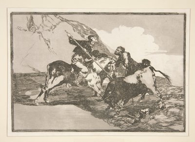 Hur jagade de gamla spanjorerna tjurarna? häst i fält (Sättet på vilket de gamla spanjorerna jagade tjurar till häst i det öppna landet), pl. 1 från serien Tjurfäktning av Francisco de Goya