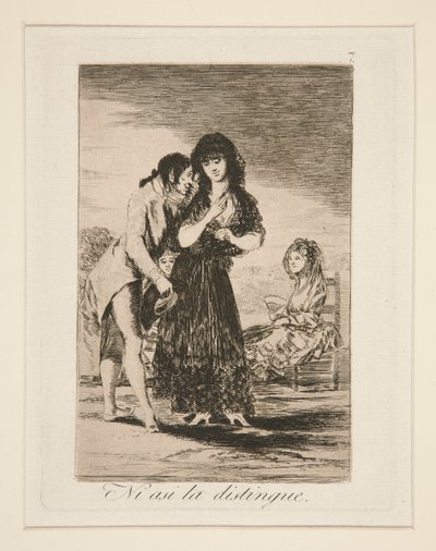 Ni asi la distingue (även så kan han inte göra henne ut), pl. 7 från Los caprichos av Francisco de Goya