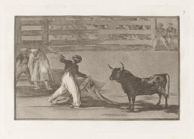 Harpunernas ursprung? banderillas (Harpunernas ursprung eller Banderillas), tallrik 7 från La tauromaquia av Francisco de Goya