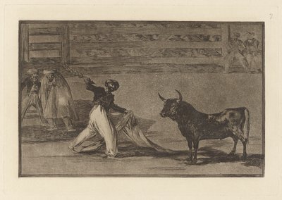 Harpunernas ursprung? banderillas (Harpunernas ursprung eller Banderillas), tallrik 7 från La tauromaquia av Francisco de Goya