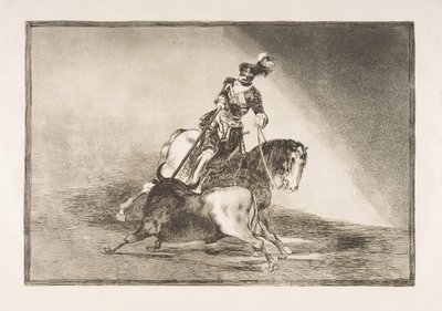 Plåt 10 från La Tauromaquia: Karl V spjutar en tjur i ringen vid Valladolid, 1816. av Francisco de Goya