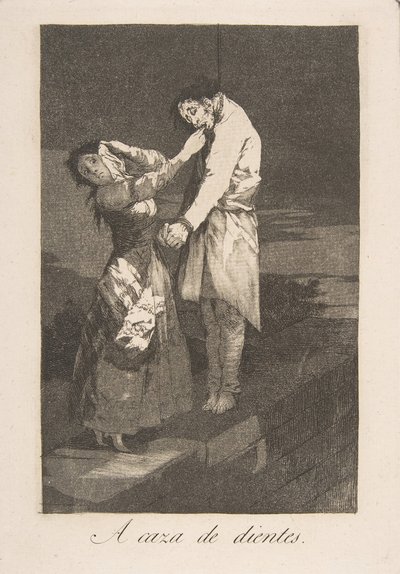 Plåt 12 från Los Caprichos: På jakt efter tänder A caza des dientes., 1799. av Francisco de Goya