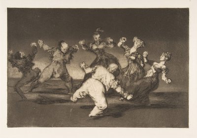 Tallrik 12 från Disparates: Om Marion kommer att dansa, då har hon..., ca. 1816-23 utgiven 1864. av Francisco de Goya
