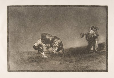 Tauromaquia skylt 16: Samma man kastar en tjur i ringen i Madrid, 1816. av Francisco de Goya