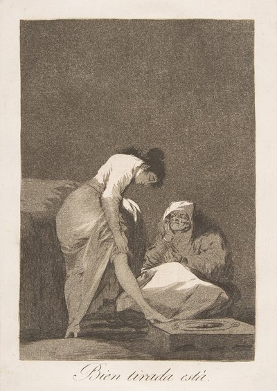Skylt 17 från Los Caprichos: Det är fint sträckt Bien tirada está., 1799. av Francisco de Goya