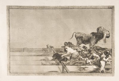 Skylt 21 från Tauromaquia: Fruktansvärda händelser i de främre raderna av ringen i Madrid a..., 1816. av Francisco de Goya