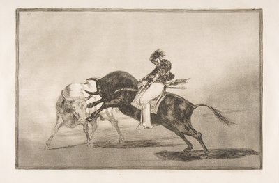 Tauromaquias skylt 24: Samma Ceballos monterad på en annan tjur bryter kort spea..., 1816. av Francisco de Goya