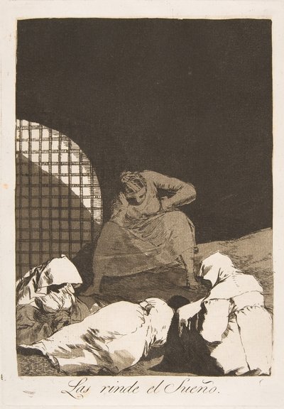 Tavla 34 från Los Caprichos: Sömnen övervinner dem Las rinde el Sueño., 1799. av Francisco de Goya