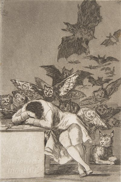 Plåt 43 från Los Caprichos: Förnuftets sömn producerar monster E..., 1799, publicerad 1908-12. av Francisco de Goya