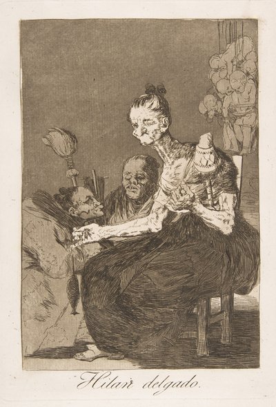Tallrik 44 från Los Caprichos: De snurrar fint Hilan delgado., 1799. av Francisco de Goya
