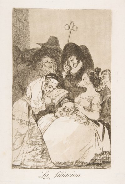 Plåt 57 från Los Caprichos: The filiation La filiacion., 1799. av Francisco de Goya