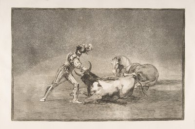 Tauromaquia skylt 9: En spansk riddare dödar tjuren efter att ha förlorat sin häst., 1816. av Francisco de Goya