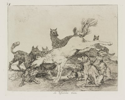 Han försvarar sig bra. (Han försvarar sig väl.), pl. 78 från serien The Disasters of War av Francisco de Goya