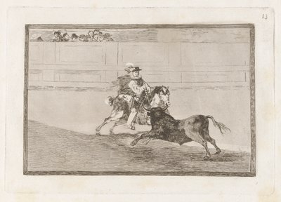 Un caballero espa?ol en plaza quebrando rejoncillos sin auxilio de los chulos (En spansk riddare i ringen bryter korta spjut utan hjälp av assistenter), skylt 13 från La tauromaquia av Francisco de Goya