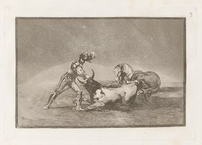 En spansk riddare dödar en tjur efter att ha förlorat sin häst (En spansk riddare dödar tjuren efter att ha förlorat sin häst), Plåt 9 från La tauromaquia av Francisco de Goya