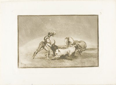 En spansk riddare dödar tjuren efter att ha förlorat sin häst, skylt nio från The Art of Bullfighting av Francisco Jose de Goya y Lucientes