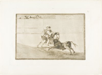 En spansk riddare i ringen som bryter korta spjut utan hjälp av assistenter, skylt 13 från The Art of Bullfighting av Francisco Jose de Goya y Lucientes