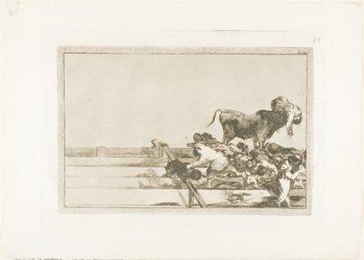 Fruktansvärda händelser på de främre raderna i ringen i Madrid, och borgmästarens död i Torrejón, skylt 21 från The Art of Bullfighting av Francisco Jose de Goya y Lucientes