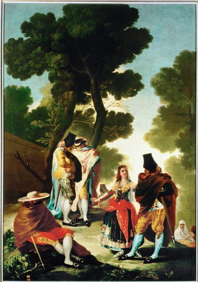 La maja y los Embozados - majan och de mantelklädda männen, tecknad serie för gobeläng 40-06-09/42 ... (målning på duk) av Francisco Jose de Goya y Lucientes