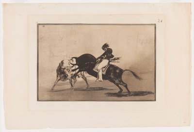 Tallrik 24 från La Tauromaquia: The Same Ceballos monterad på Another Bull Breaks Korta spjut i ringen i Madrid av Francisco Jose de Goya y Lucientes