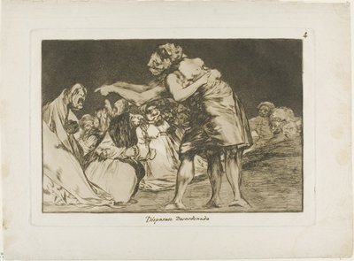 Hon som är sjuk onsdag missar aldrig en chans att säga så, tallrik sju från Los Proverbios av Francisco Jose de Goya y Lucientes