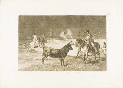 Den berömda Picadoren, Fernando del Toro, drar på det häftiga odjuret med sin piké, skylt 27 från The Art of Bullfighting av Francisco Jose de Goya y Lucientes