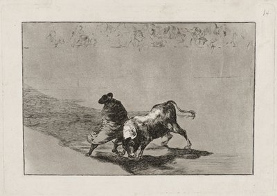 Den smarte "Falcesstudenten" gör tjuren rasande genom att röra sig inlindad i sin mantel, skylt 14 av Francisco de Goya