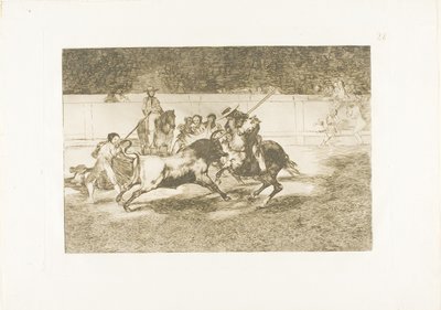Den kraftfulla Rendón hugger en tjur med pikén, från vilket pass han dog i ringen i Madrid, skylt 28 från The Art of Bullfighting av Francisco Jose de Goya y Lucientes
