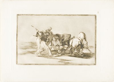 Morerna hade slagit sig ner i Spanien, gett upp koranens vidskepelse, anammat denna jaktkonst och spjut en tjur i det fria, tallrik tre från The Art of Bullfighting av Francisco Jose de Goya y Lucientes