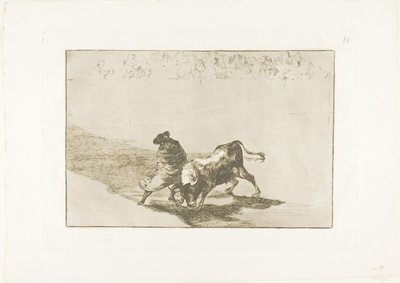 Den mycket skickliga eleven av falkar, insvept i sin udde, lurar tjuren med sin kropps lek, skylt 14 från The Art of Bullfighting av Francisco Jose de Goya y Lucientes