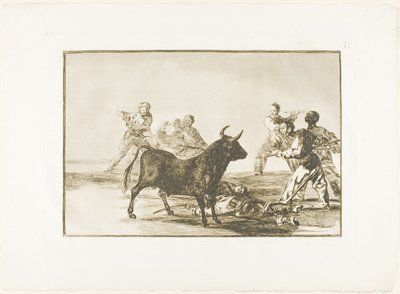 Rabeln hamstring tjuren med lansar, skäror, banderillas och andra armar, tallrik tolv från The Art of Bullfighting av Francisco Jose de Goya y Lucientes