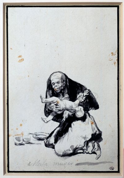 Fel kvinna Antropofagi Scen, en häxa har ett barn. Grå tvätt av Francisco Goya y Lucientes (1746-1828) Sön. 0,21x0,14 m Paris, Louvren av Francisco de Goya