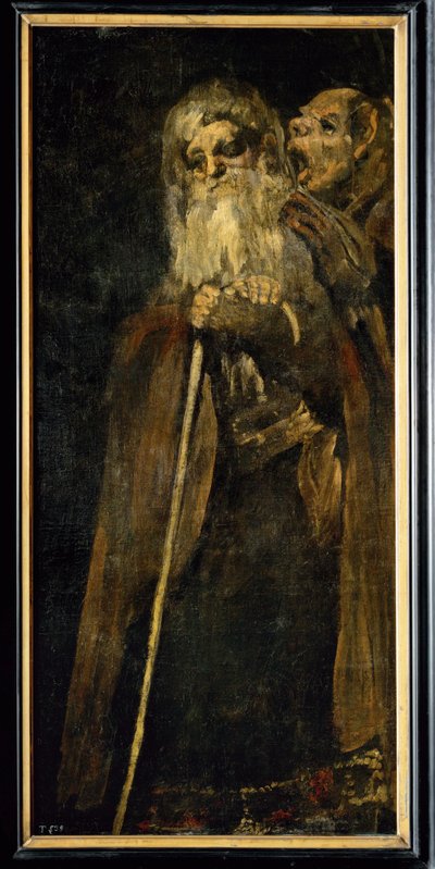 Två munkar; den ena, döv, lyssnar på den andra som ropar in i hans öra (målning på duk) av Francisco Jose de Goya y Lucientes